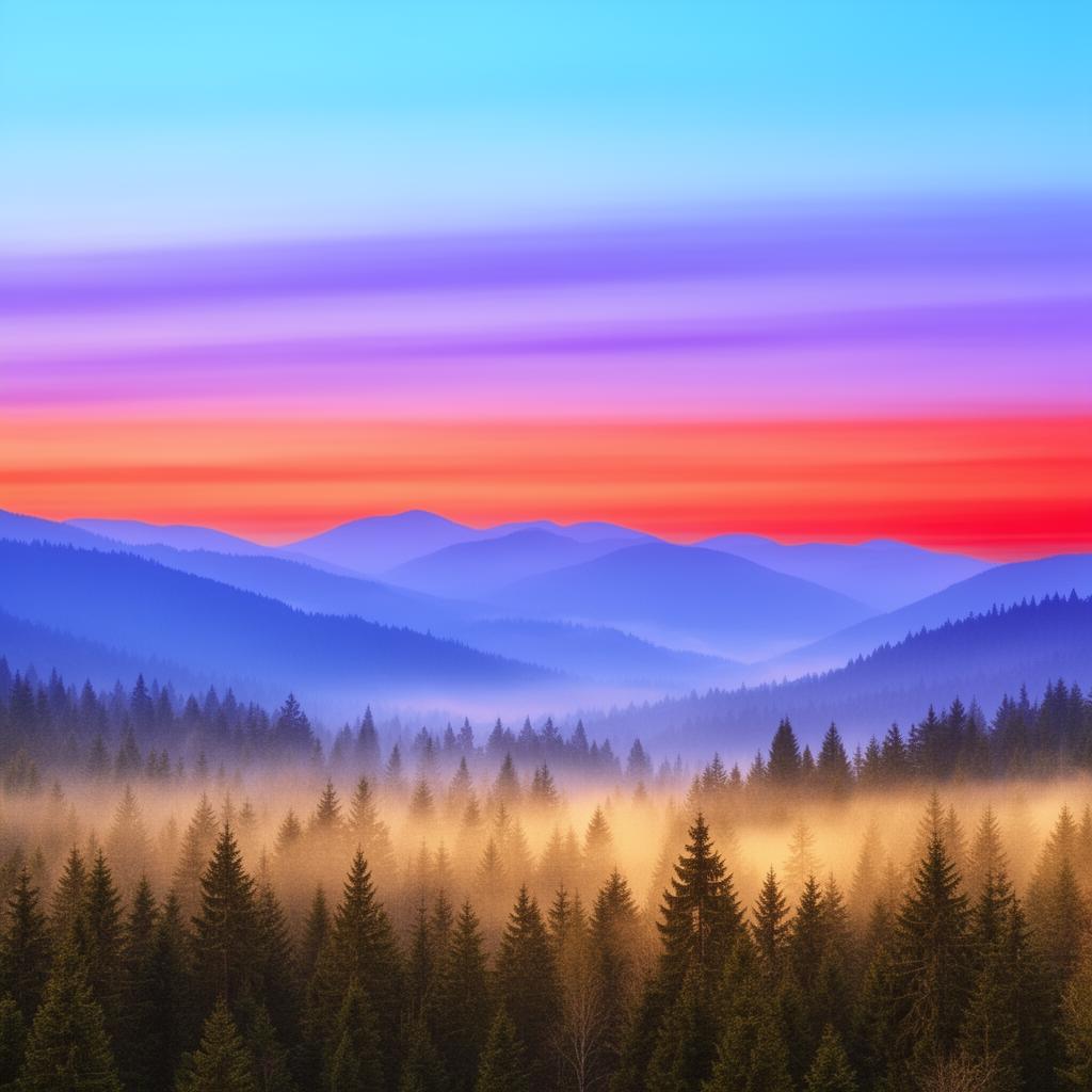 Dawn sky in blues, purples and reds over a misty mountain forest